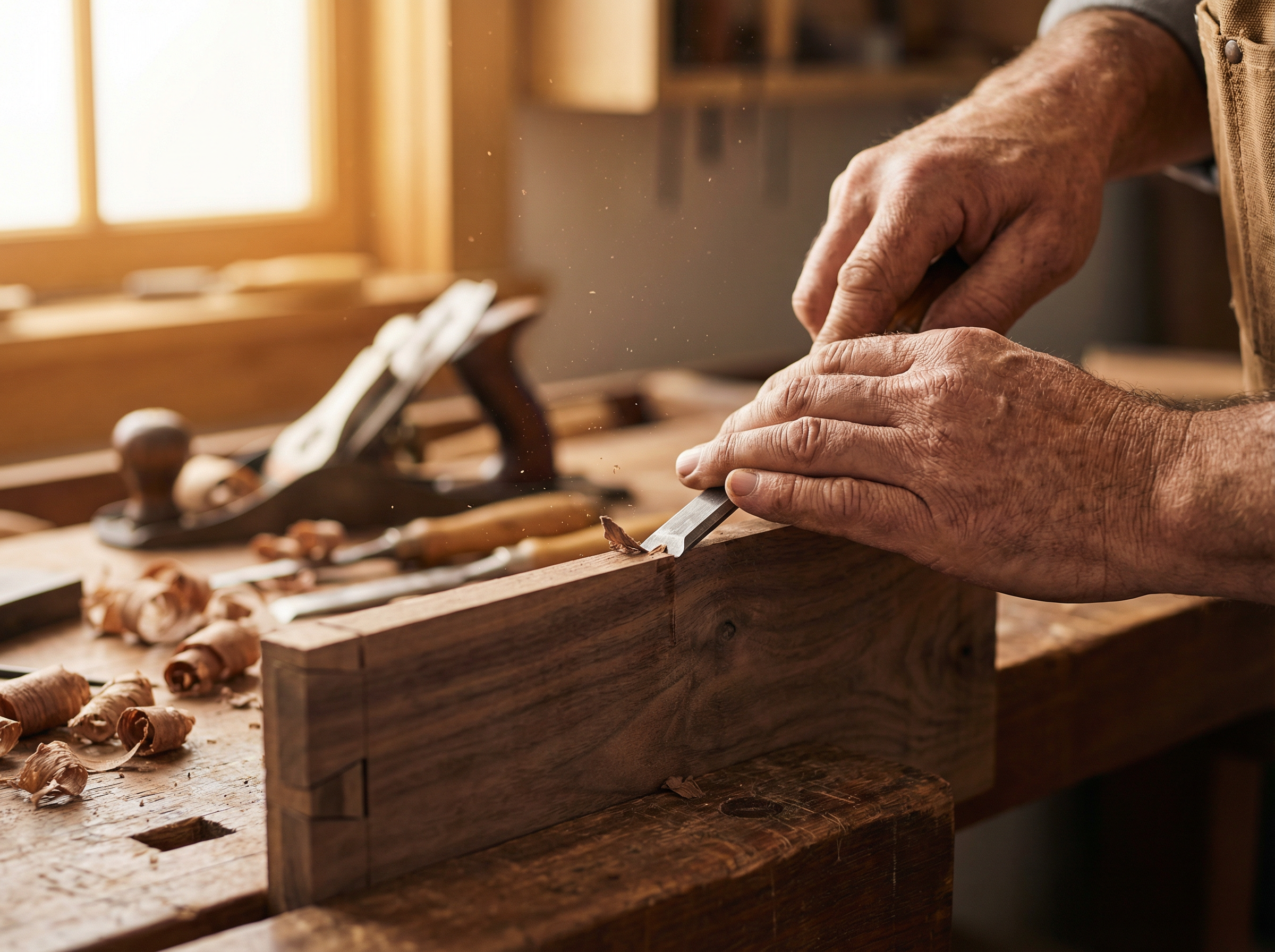 Master craftsman working on custom woodworking joinery