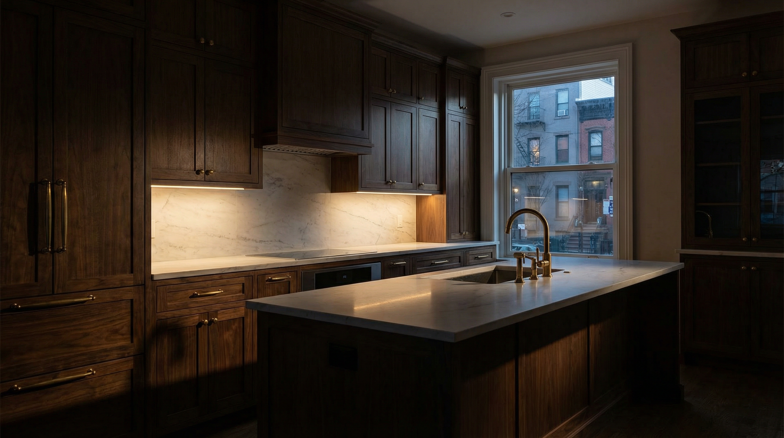 Custom dark walnut kitchen cabinets built by Timberdust LLC in Hoboken NJ